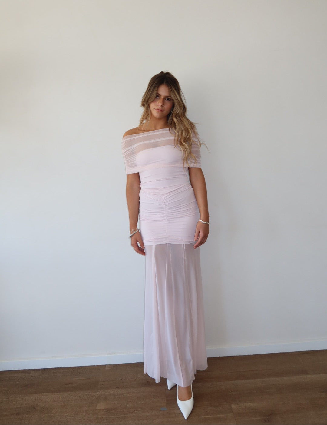 slinky and mesh off shoulder maxi dress Caspian Slinky And Mesh Off Shoulder Maxi Dress